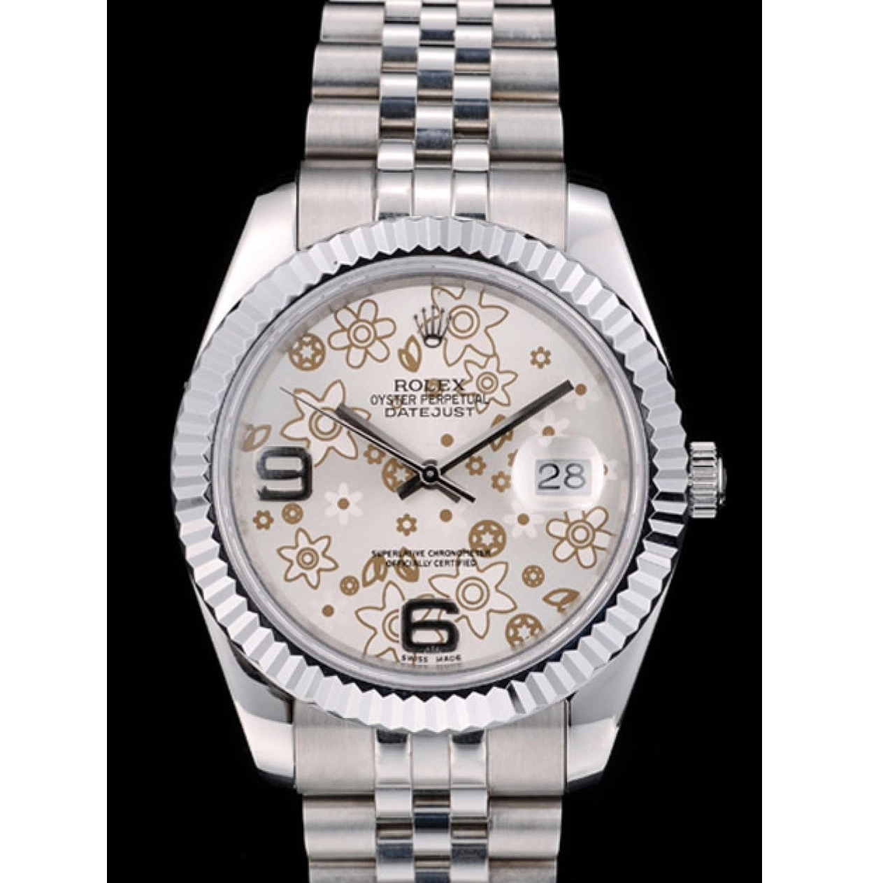 Aaa replica Rolex Dial Silver DateJust Swiss Bezel Steel Ribbed Flower 42001 Stainless 0803